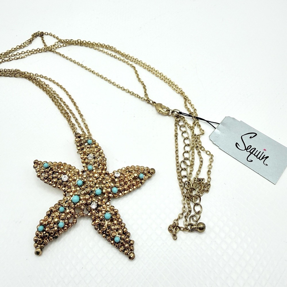 Sequin By Nordstrom Rhinestone Starfish Gold Tone and Teal Blue Pendant Necklace